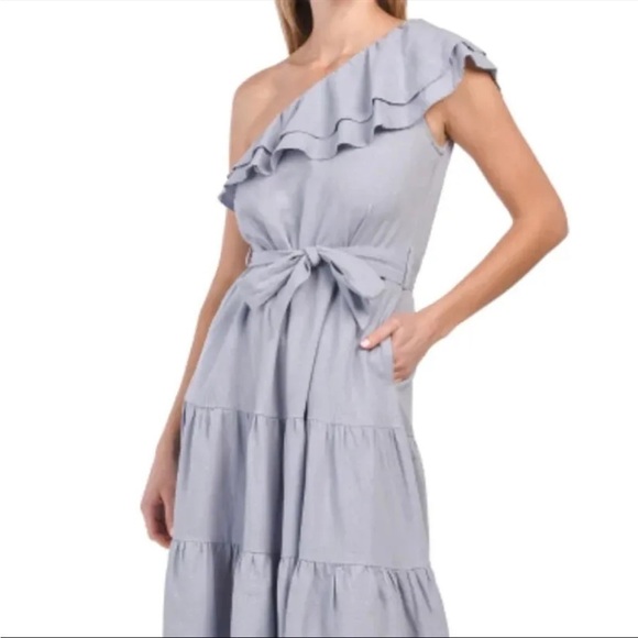 Nicole Miller Linen One Shoulder Ruffle Fit and Flare Dress Size Large - Picture 2 of 12